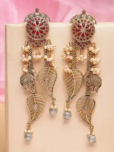 KARATCART Gold-Plated Kundan Studded Leaf Shaped Drop Earrings
