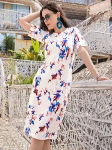 PURVAJA Floral Printed Round Neck Short Sleeves Sheath Dress