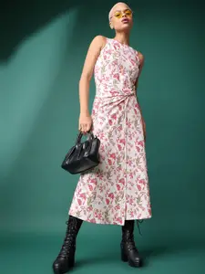 PURVAJA Floral Printed Boat Neck Fit & Flare Midi Dress