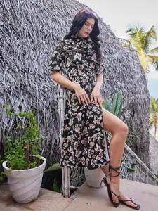 PURVAJA Floral Print Kimono Sleeve Cowl Neck Fit and Flare Midi Dress