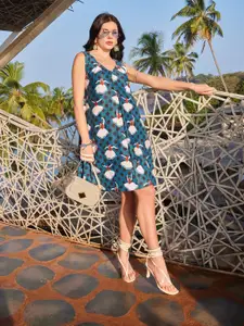 PURVAJA Floral Print V-Neck Sleeveless A-Line Dress