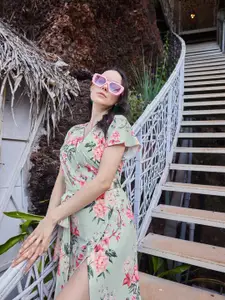 PURVAJA Floral Print Flutter Sleeve Round Neck Dress