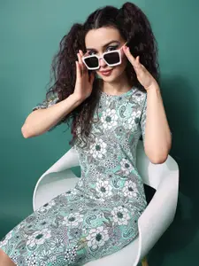 PURVAJA Floral Print Round Neck Sheath Dress