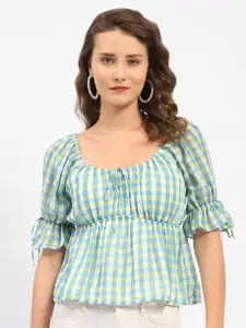 Madame Checked Bell Sleeve Cinched Waist Top