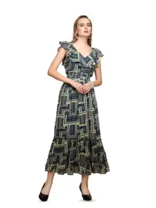 Global Republic Abstract Print Flutter Sleeve Maxi Dress