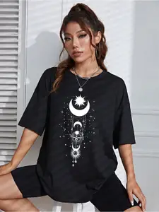 AAHWAN Moon & Sun Embellished Printed Round Neck Drop Shoulder Oversized Tshirts