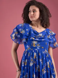 Deewa Floral Printed Flutter Sleeves Georgette Fit & Flare Dress