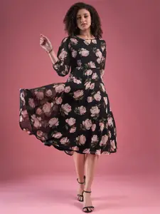 Deewa Floral Printed Georgette Keyhole Neck Fit & Flare Midi Dress