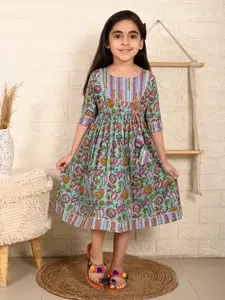 Sangria Blue Girls Floral Printed Printed Round Neck Cotton A-Line Dress