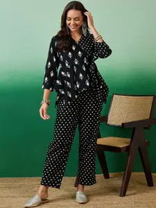 Sangria Black Printed V-Neck Top & Palazzo