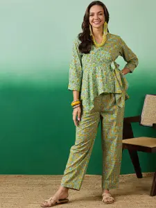 Sangria Green Printed V-Neck Top & Palazzo