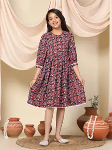 BAESD Girls Floral Print Round Neck Regular Sleeves Fit & Flare Dress