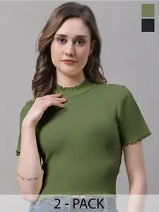 FBAR Pack Of 2 High Neck Bio-Wash Pure Cotton Fitted Crop Tops