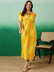 Sangria Yellow Bandhani Printed Pure Cotton V-Neck A-Line Ethnic Dress