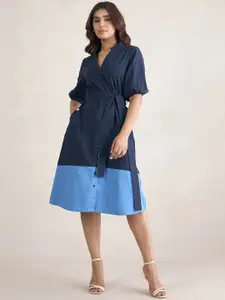 Femella Mandarin Collar Colourblocked Cotton A-Line Dress