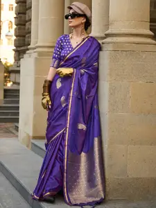 Mitera Purple Paisley Printed Satin Zari Banarasi Saree