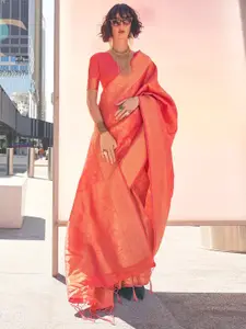 Saree mall Peach & Gold Toned Ethnic Motifs Woven Design Zari Kanjeevaram Sarees