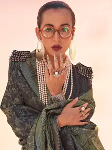 Saree mall Black & Gold Toned  Ethnic Motifs Zari Kanjeevaram Sarees