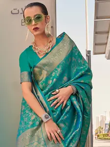 Saree mall Teal Green & Gold Toned  Ethnic Motifs Zari Kanjeevaram Sarees