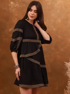 Anouk Black Floral Embroidered A-Line Ethnic Dresses