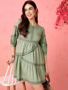 Anouk Green Floral Embroidered A-Line Ethnic Dress