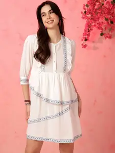 Anouk White Geometric Embroidered Above Knee Length A-Line Ethnic Dresses