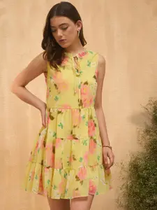 RARE Yellow Floral Print Tie-Up Neck Fit & Flare Dress