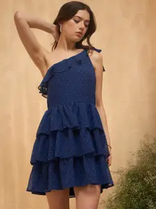 RARE Navy Blue Polka Dot Print One Shoulder Georgette Fit & Flare Dress