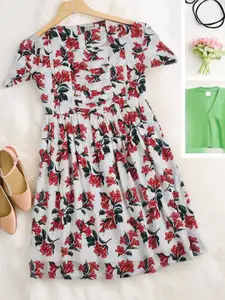 Bella Moda Girls Floral Printed Square Neck Short Sleeves Cotton Fit & Flare Dress