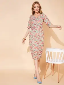 Ziva Fashion Floral Printed Gathered Ruched Sheath Dress