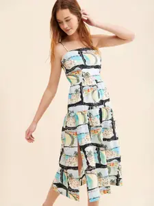 TANDUL Shoulder Straps Geometric Printed Fit & Flare Midi Dress