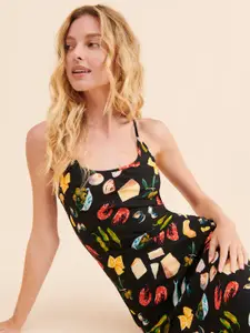 TANDUL Shoulder Straps Floral Print A-Line Midi Dress