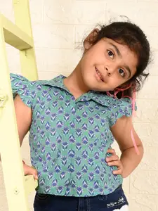 Sangria Girls Floral Printed Flutter Sleeves Pure Cotton Shirt Style Top