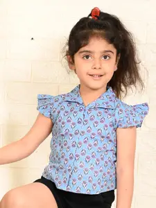 Sangria Girls Floral Printed Flutter Sleeves Pure Cotton Shirt Style Top