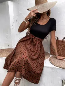 all about you Brown Geometric Printed Scoop Neck Belted Fit & Flare Dress