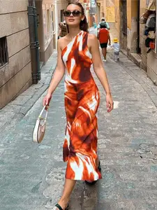 all about you Red Abstract Printed One shoulder Sleeveless Maxi Dress