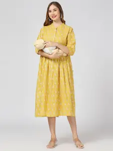 MeeMee Floral Printed Maternity Cotton Fit & Flare Midi Dress with Feeding Zip
