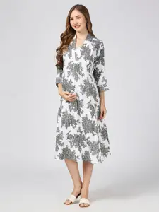 MeeMee Floral Printed Maternity Fit & Flare Midi Dress with Feeding Zip