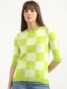 United Colors of Benetton Regular Fit Checked Three-Quarter Sleeves Round Neck Cotton Top