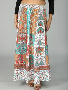 Exotic India Printed Pure Cotton Flared A-Line Maxi Skirt