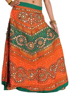 Exotic India Mirror Embroidered Pure Cotton Flared Maxi Skirt