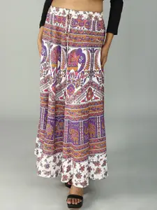 Exotic India Pure Cotton Sanganeri Long Skirt with All Over Floral-Elephant Printed Motifs