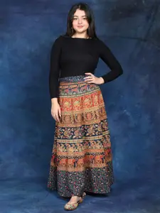 Exotic India Animals Printed Pure Cotton Flared Maxi Ethnic Skirt