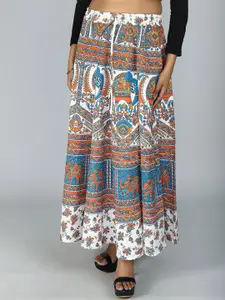 Exotic India Elephant Printed Pure Cotton A-Line Maxi Skirts