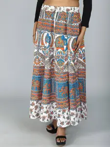 Exotic India Pure Cotton Sanganeri Long Skirt with All Over Floral-Elephant Printed Motifs