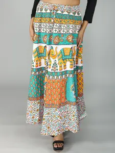 Exotic India Elephant Printed Pure Cotton Flared Maxi Skirts