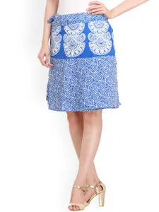 Exotic India Pure Cotton Princess Blue Block Printed Wrap-Around Mini-Skirt