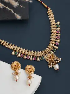 ATIBELLE Gold-Plated Stone-Studded & Beaded Necklace & Earrings