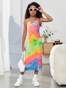 BAESD Girls Abstract Print Shoulder Straps A-Line Midi Holi Dress