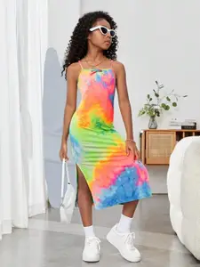 BAESD Girls Abstract Print Crepe A-Line Midi Casual Holi Dress